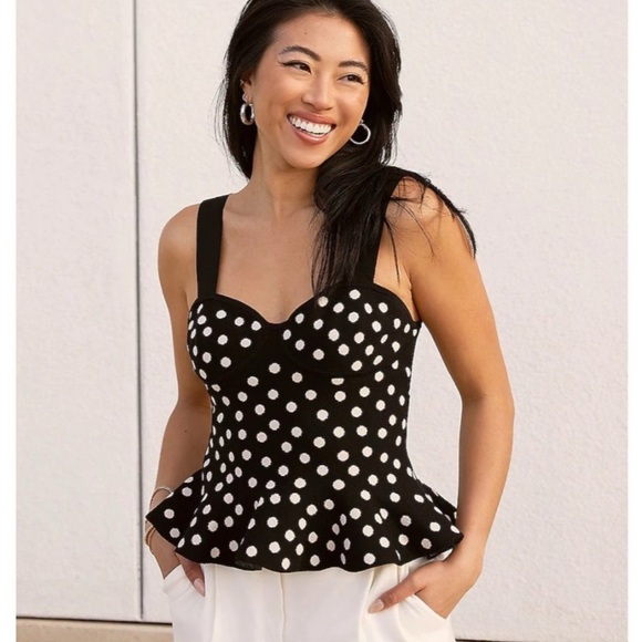 Express Black and White Polka Dot Peplum Sweater Top - Picture 1 of 8